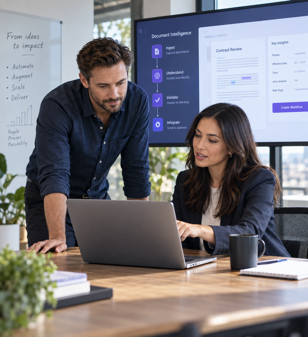 Technology consultant and operations leader reviewing an AI document workflow prototype
