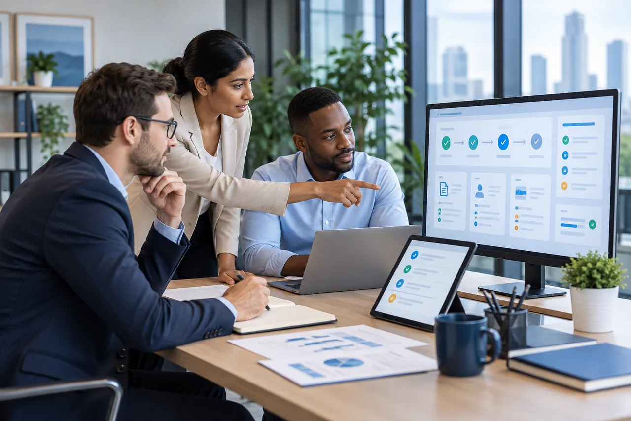 Equipo de administration utilizando tecnología empresarial conectada
