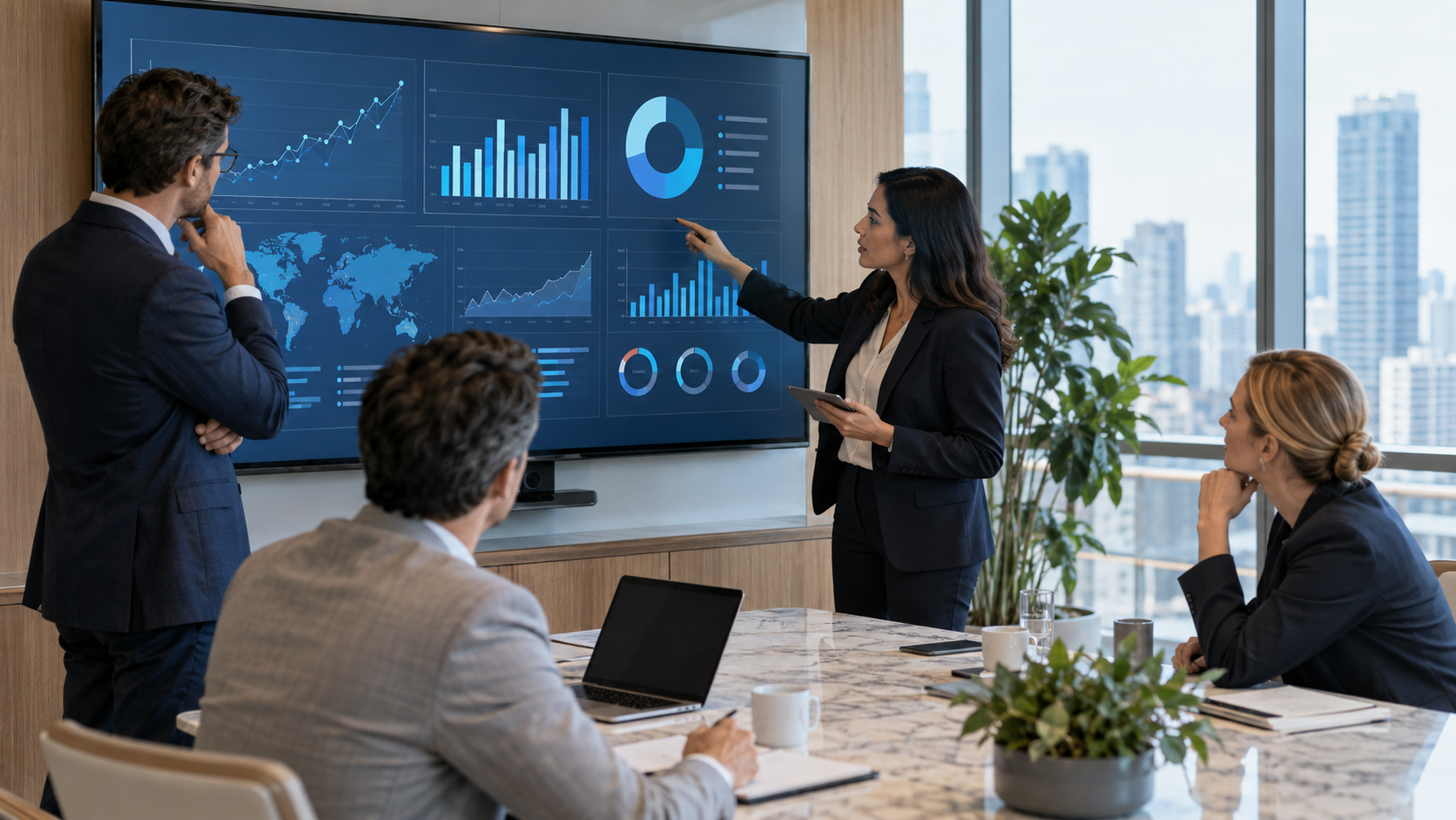 Equipo de inteligencia empresarial colaborando en un flujo conectado