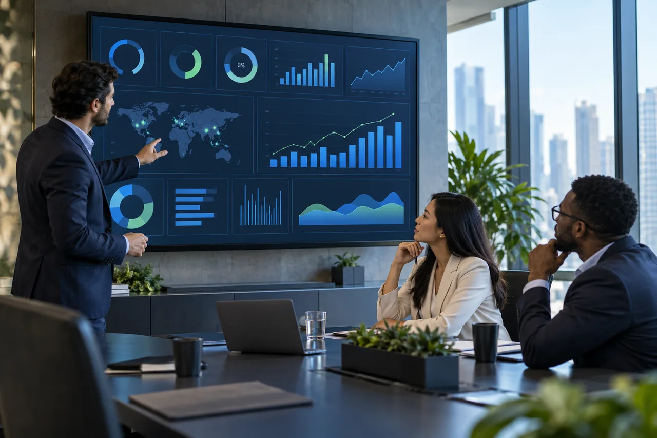 Equipo de inteligencia empresarial utilizando tecnología empresarial conectada