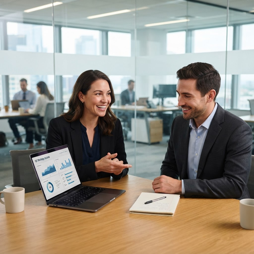 Equipo de servicios profesionales que revisa el rendimiento empresarial